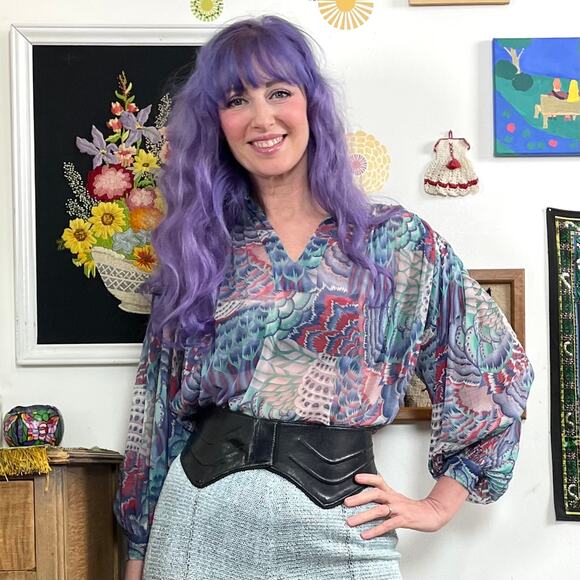 Vintage Bohemian Chiffon Blouse, 1970s Helene Sidel Feather Print Balloon Sleeve - Picture 1 of 10